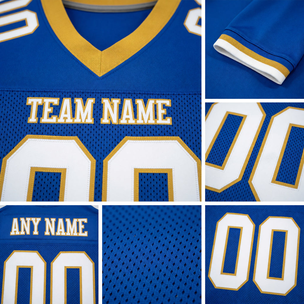 Custom Royal White-Old Gold Mesh Authentic Football Jersey detail