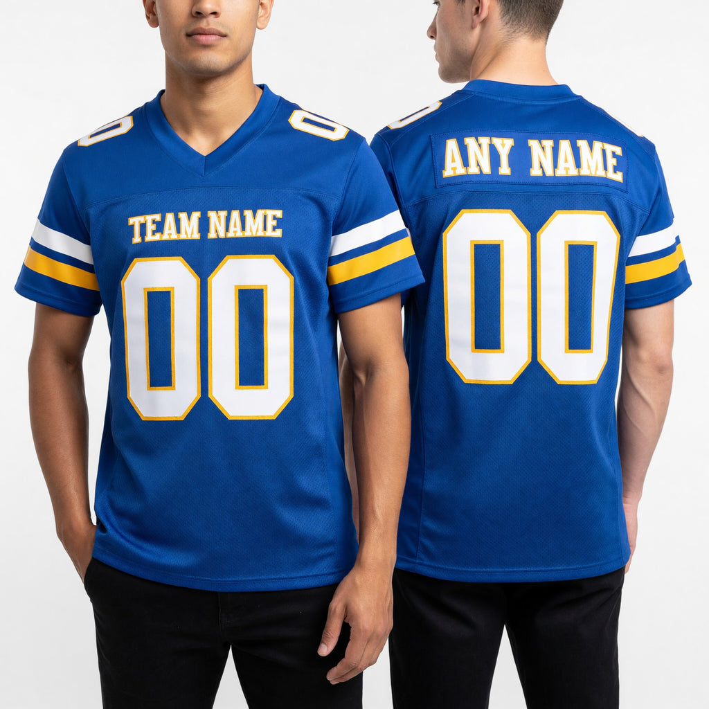 Custom Royal White-Old Gold Mesh Authentic Football Jersey worn front and back