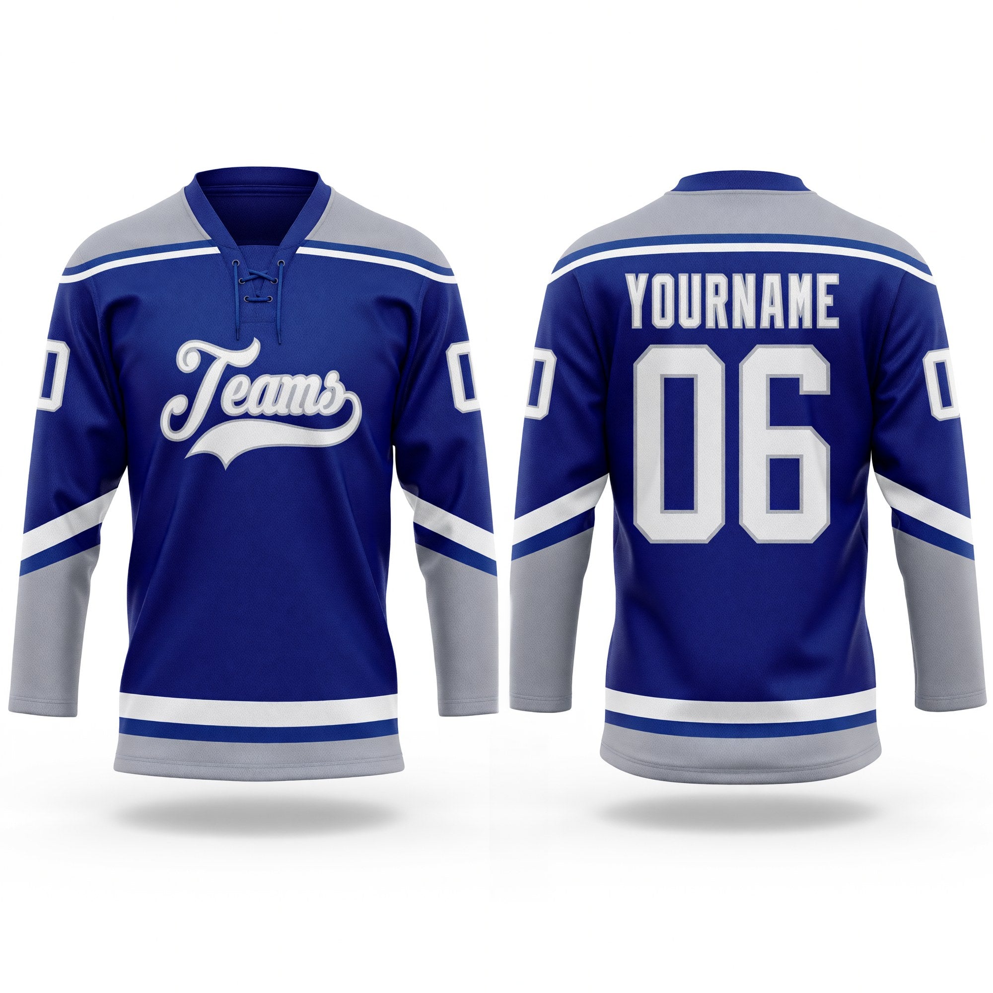 Custom Royal White-Gray Hockey Lace Neck Jersey