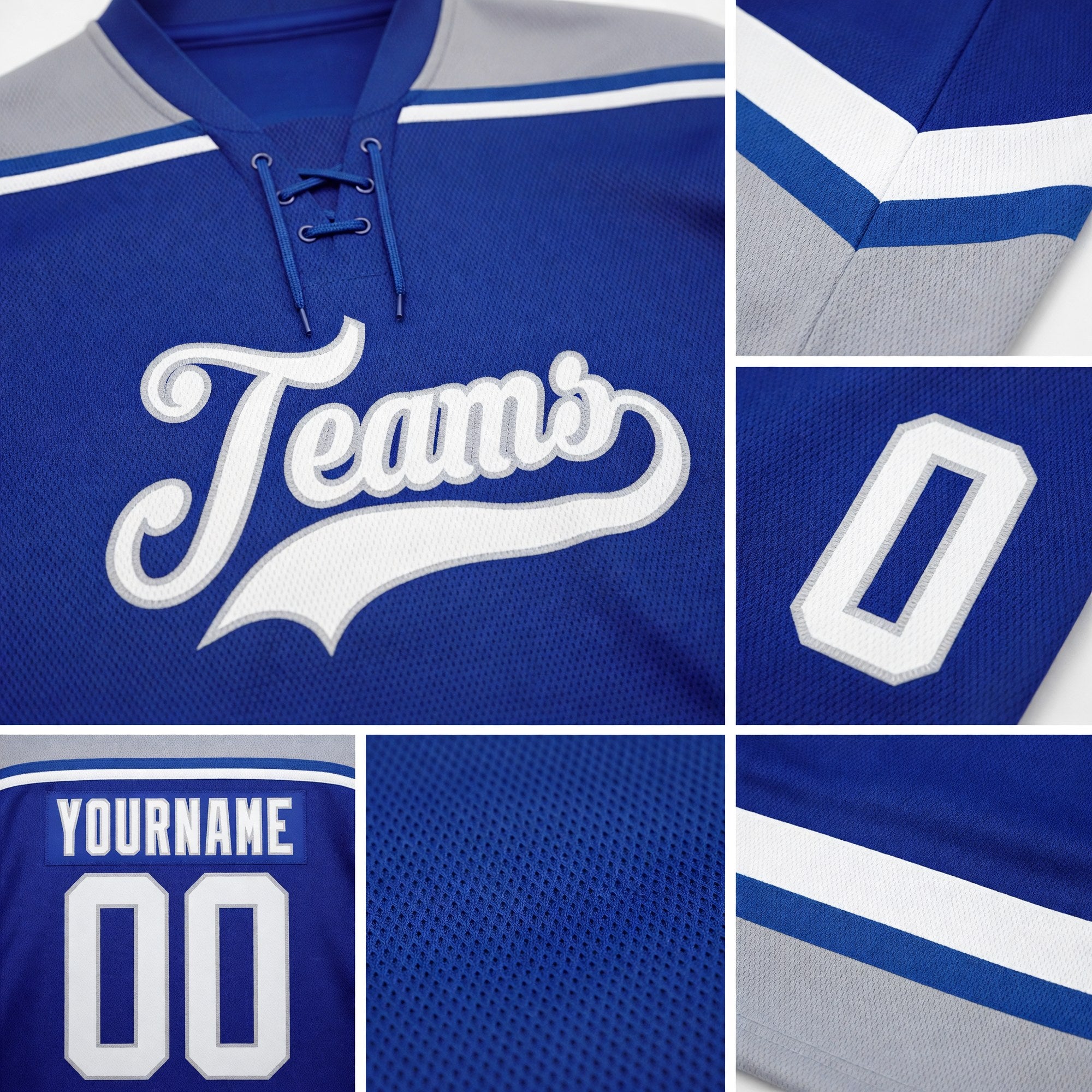 Custom Royal White-Gray Hockey Lace Neck Jersey detail