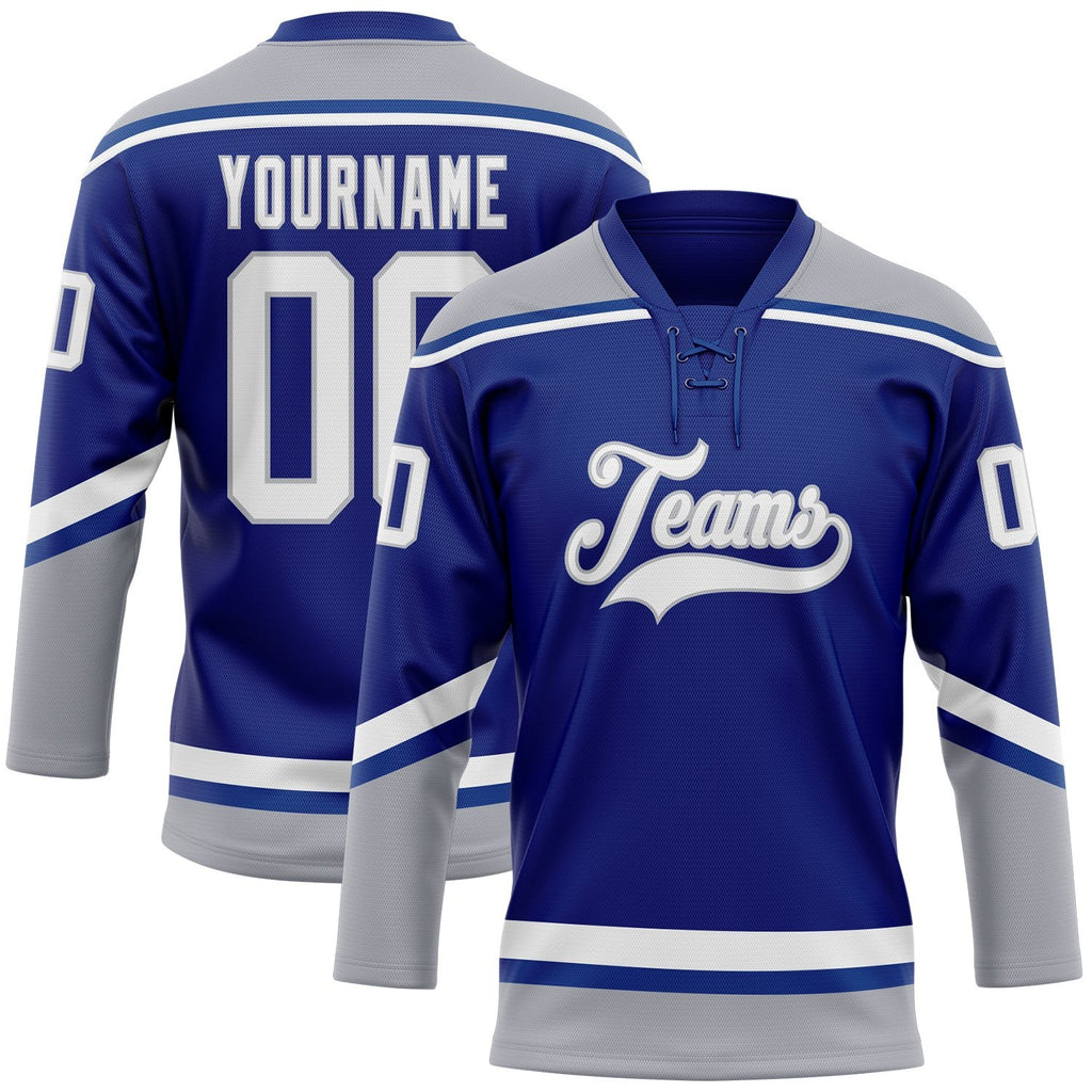 Custom Royal White-Gray Hockey Lace Neck Jersey photo 1