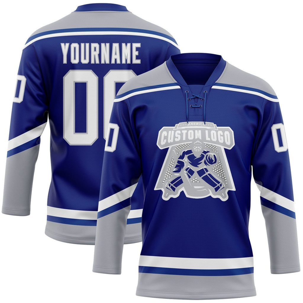 Custom Royal White-Gray Hockey Lace Neck Jersey photo 2