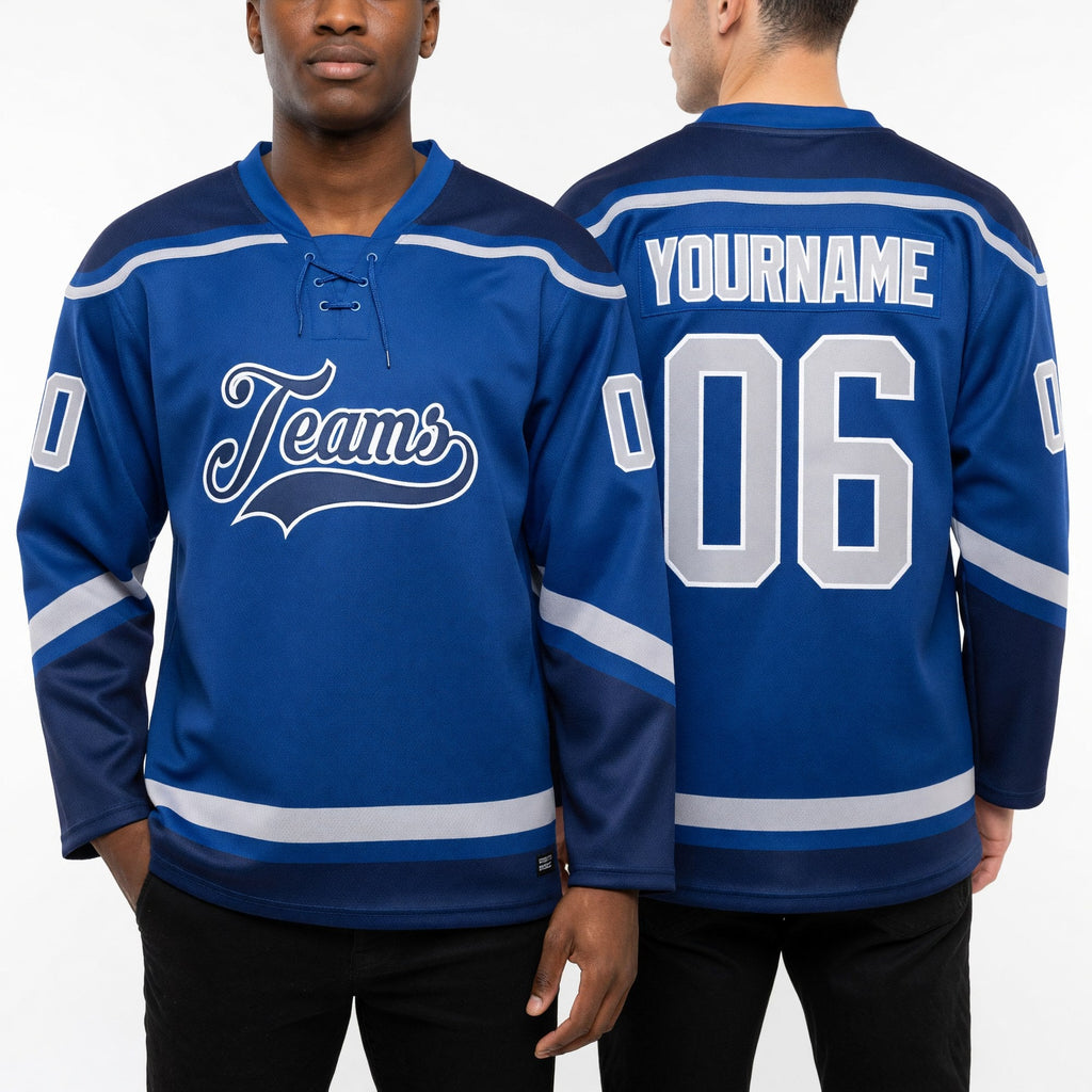 Custom Royal Gray-Navy Hockey Lace Neck Jersey worn front and back