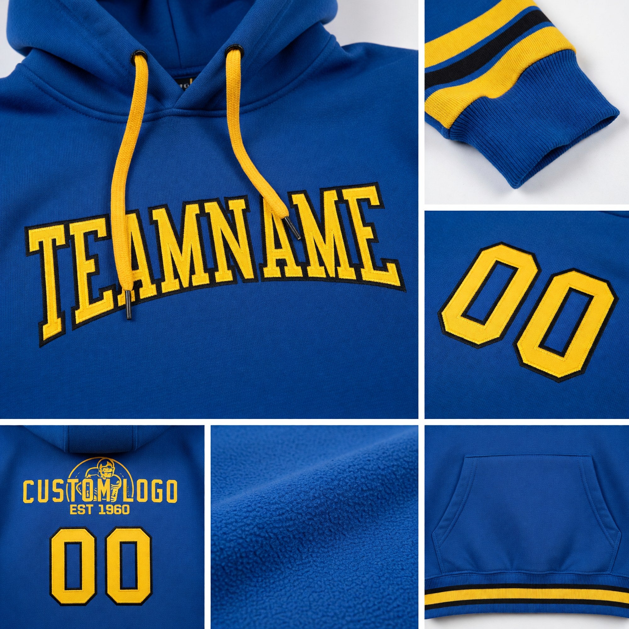Custom Stitched Royal Yellow-Black Football Pullover Sweatshirt Hoodie detail