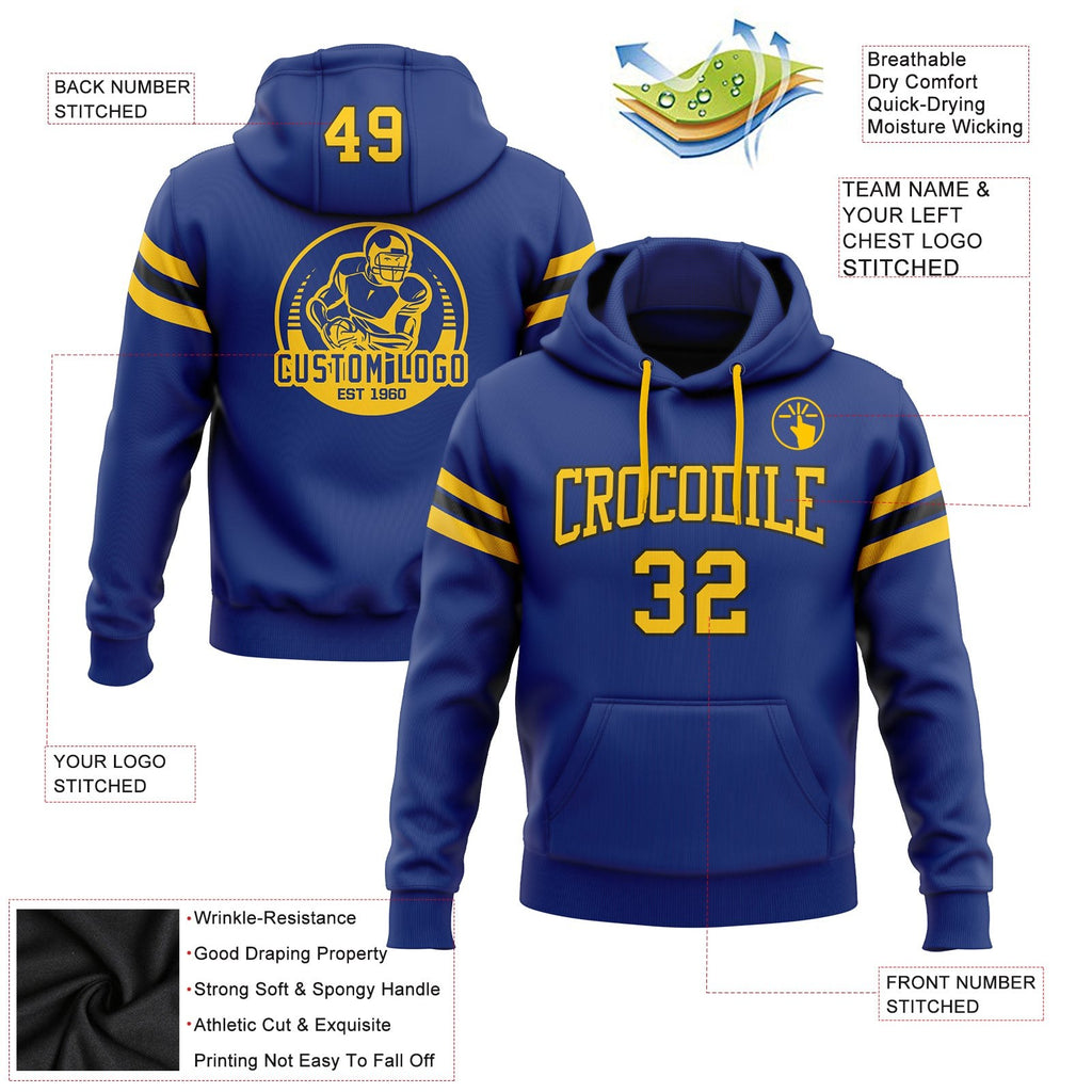 Custom Stitched Royal Yellow-Black Football Pullover Sweatshirt Hoodie photo 2
