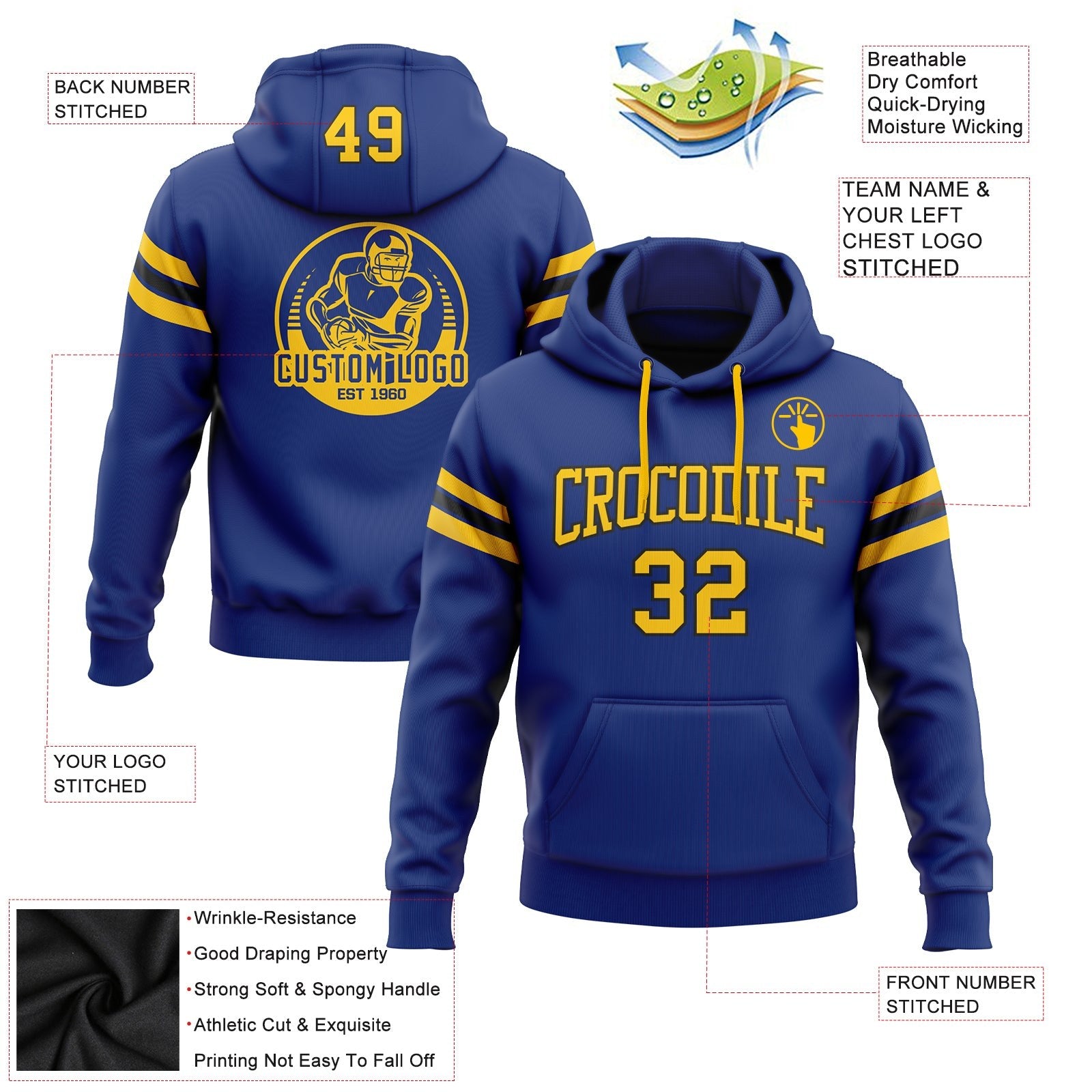 Custom Stitched Royal Yellow-Black Football Pullover Sweatshirt Hoodie photo 2