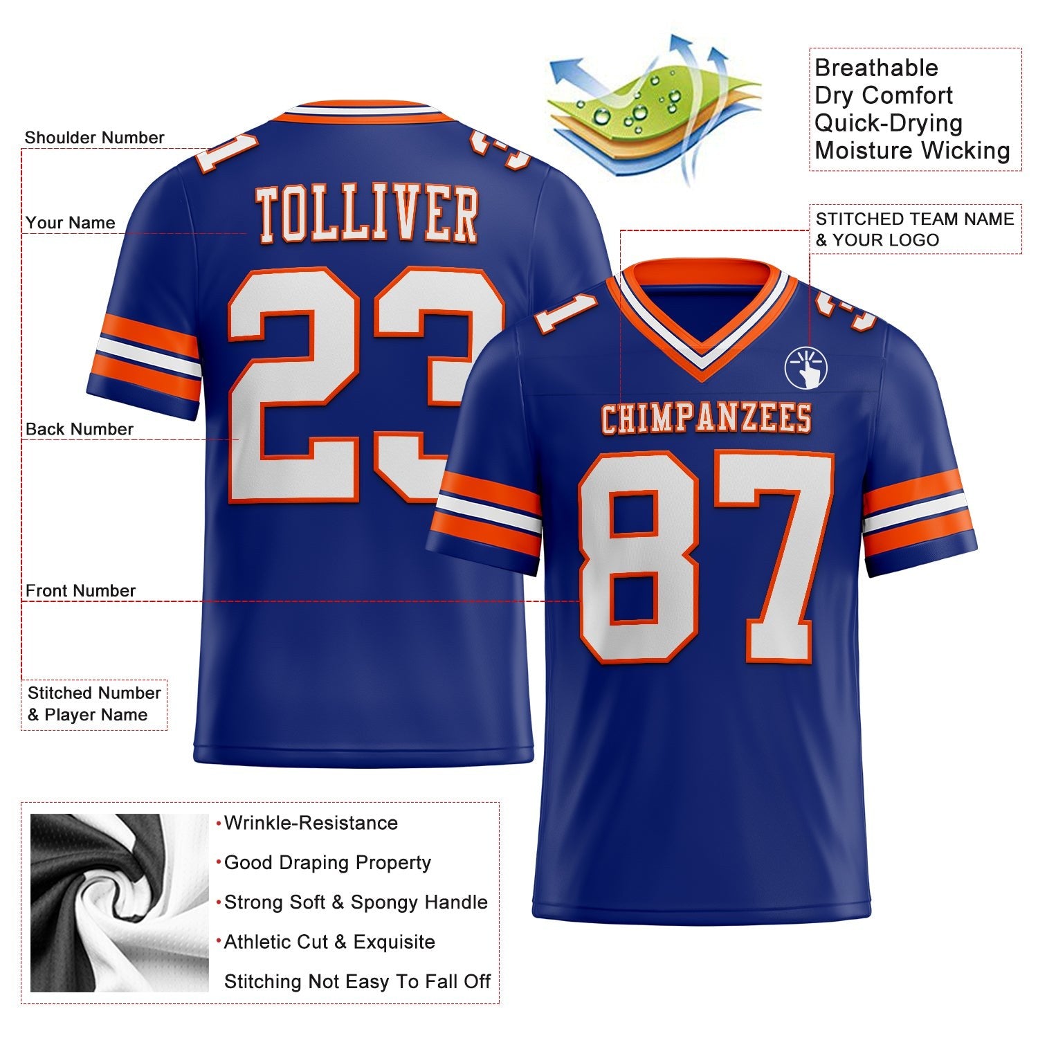 Custom Royal White-Orange Authentic Football Jersey photo 2
