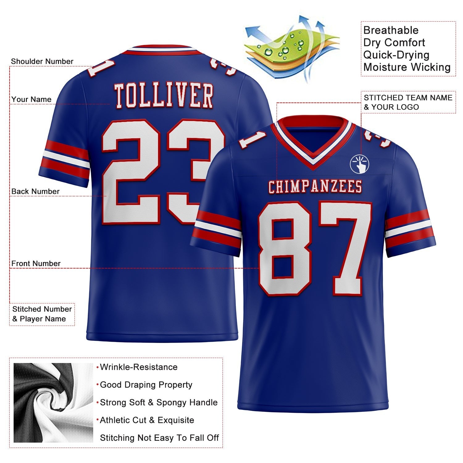 Custom Royal White-Red Authentic Football Jersey photo 2