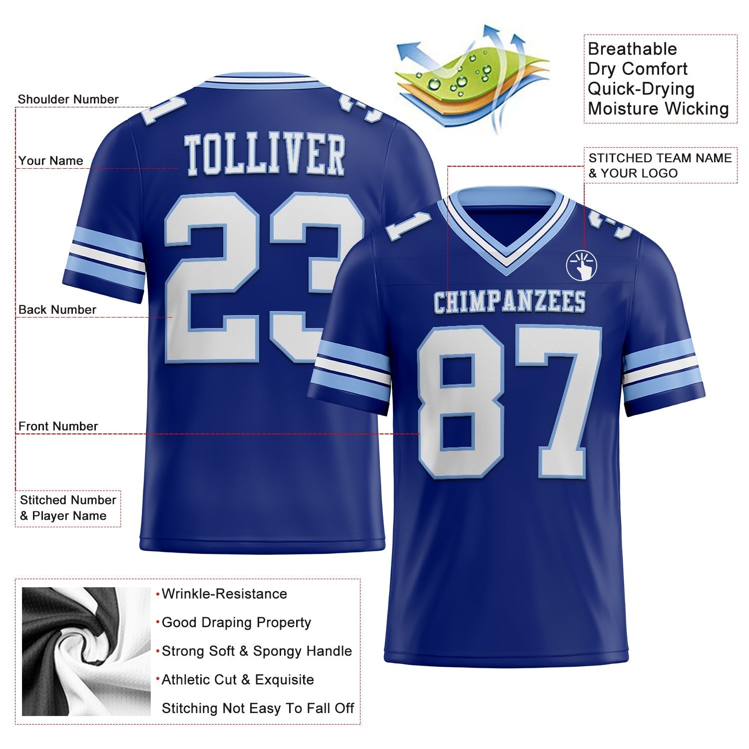 Custom Royal White-Light Blue Authentic Football Jersey photo 2