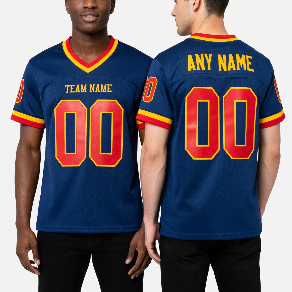 Custom Royal Red-Gold Mesh Authentic Throwback Football Jersey worn front and back