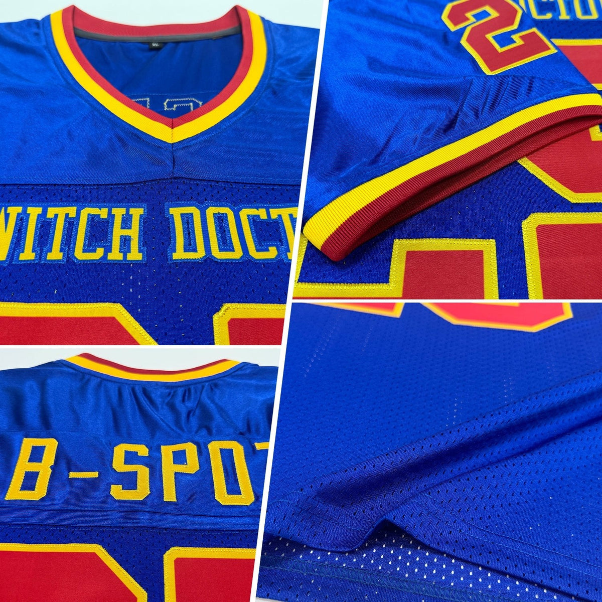 Custom Royal Red-Gold Mesh Authentic Throwback Football Jersey photo 2