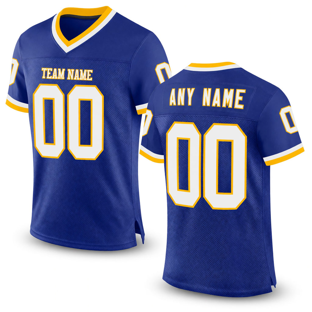 Custom Royal White-Gold Mesh Authentic Throwback Football Jersey