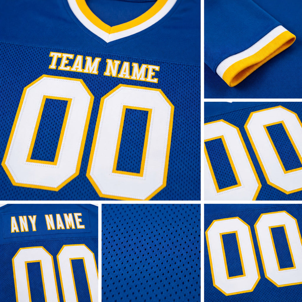 Custom Royal White-Gold Mesh Authentic Throwback Football Jersey detail