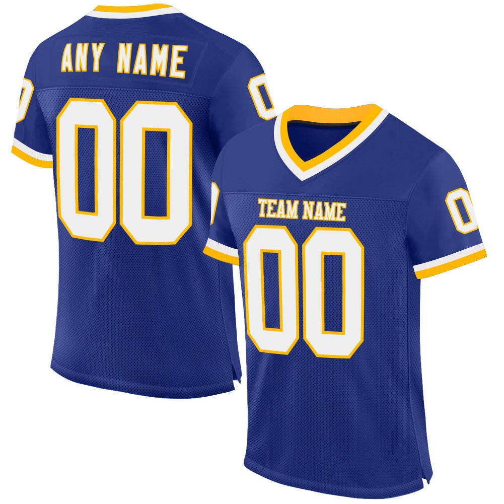 Custom Royal White-Gold Mesh Authentic Throwback Football Jersey photo 1