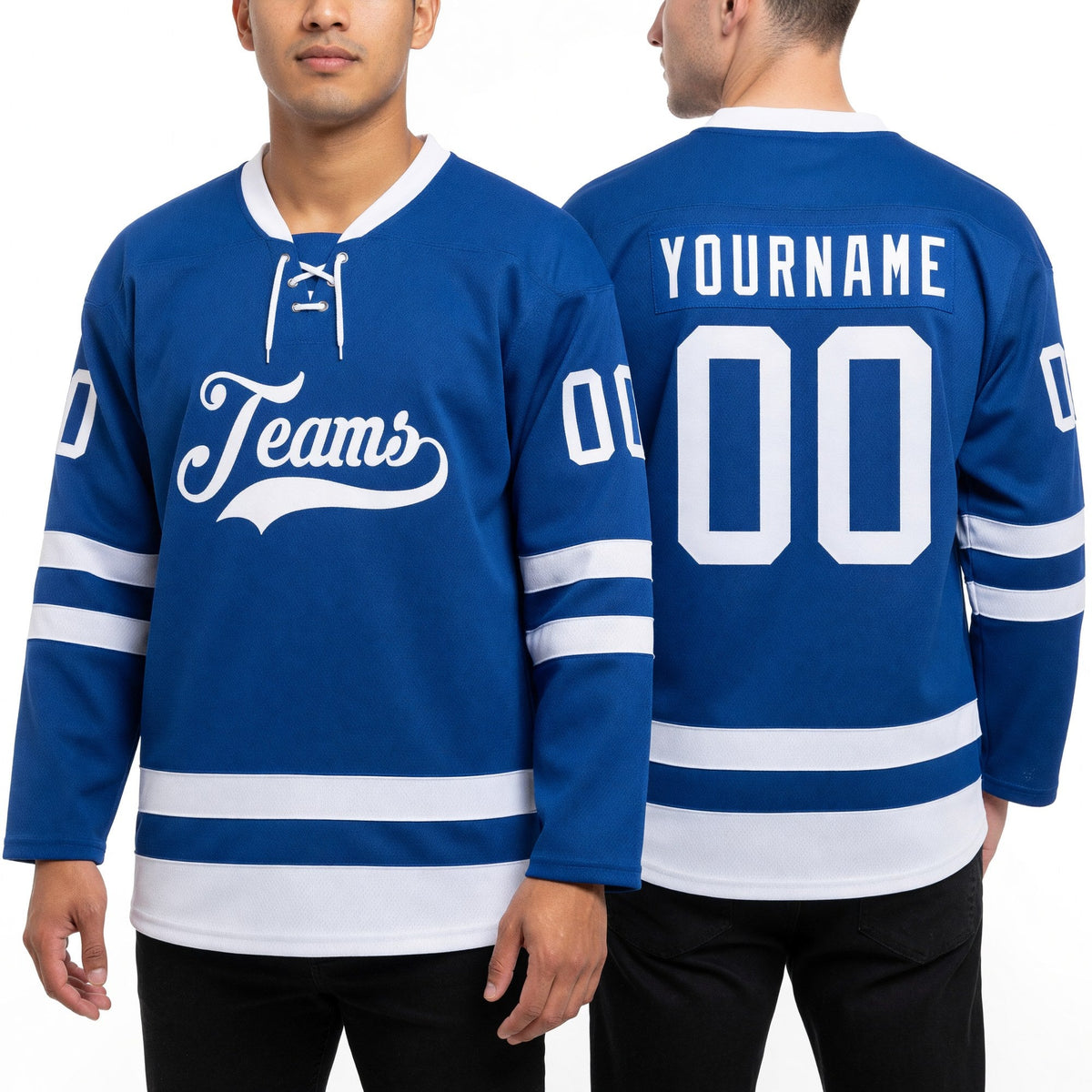 Custom Royal White Hockey Lace Neck Jersey worn front and back