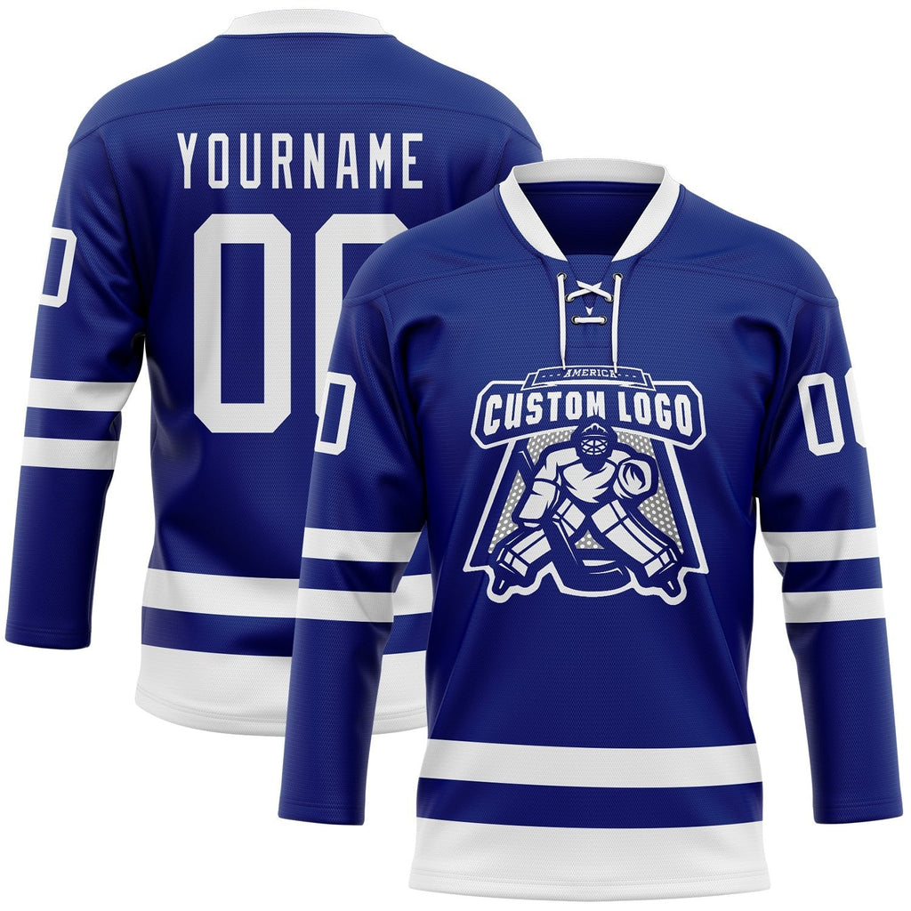 Custom Royal White Hockey Lace Neck Jersey photo 2