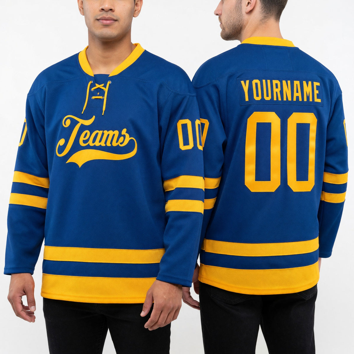 Custom Royal Gold Hockey Lace Neck Jersey worn front and back