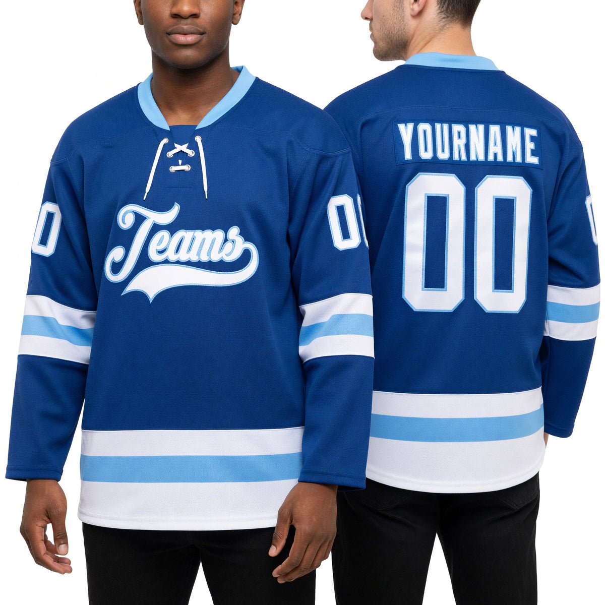 Custom Royal White-Light Blue Hockey Lace Neck Jersey worn front and back