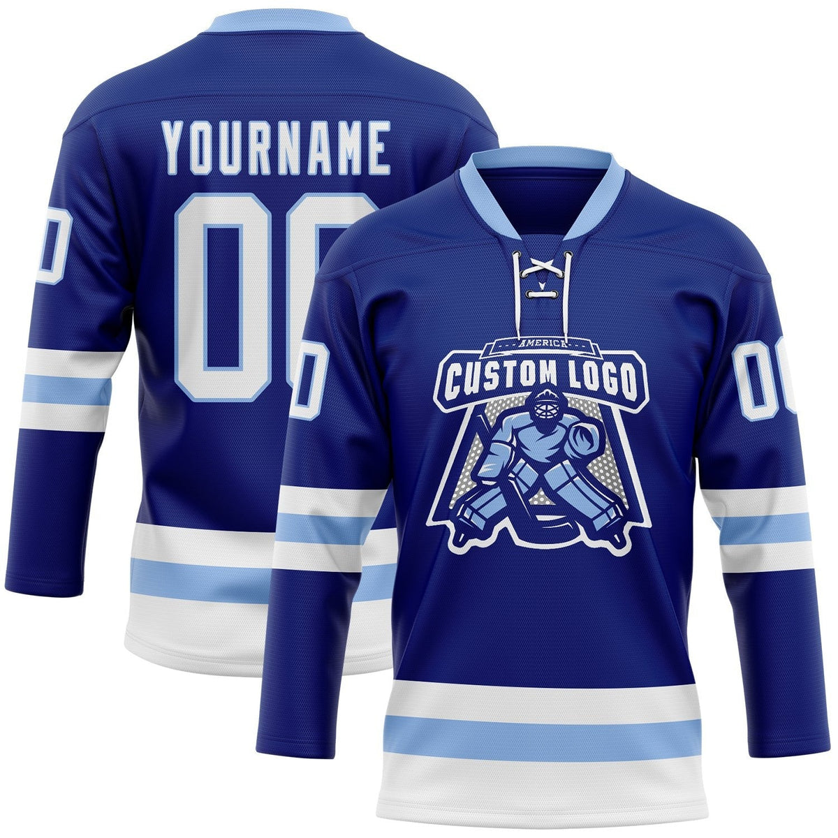Custom Royal White-Light Blue Hockey Lace Neck Jersey photo 2