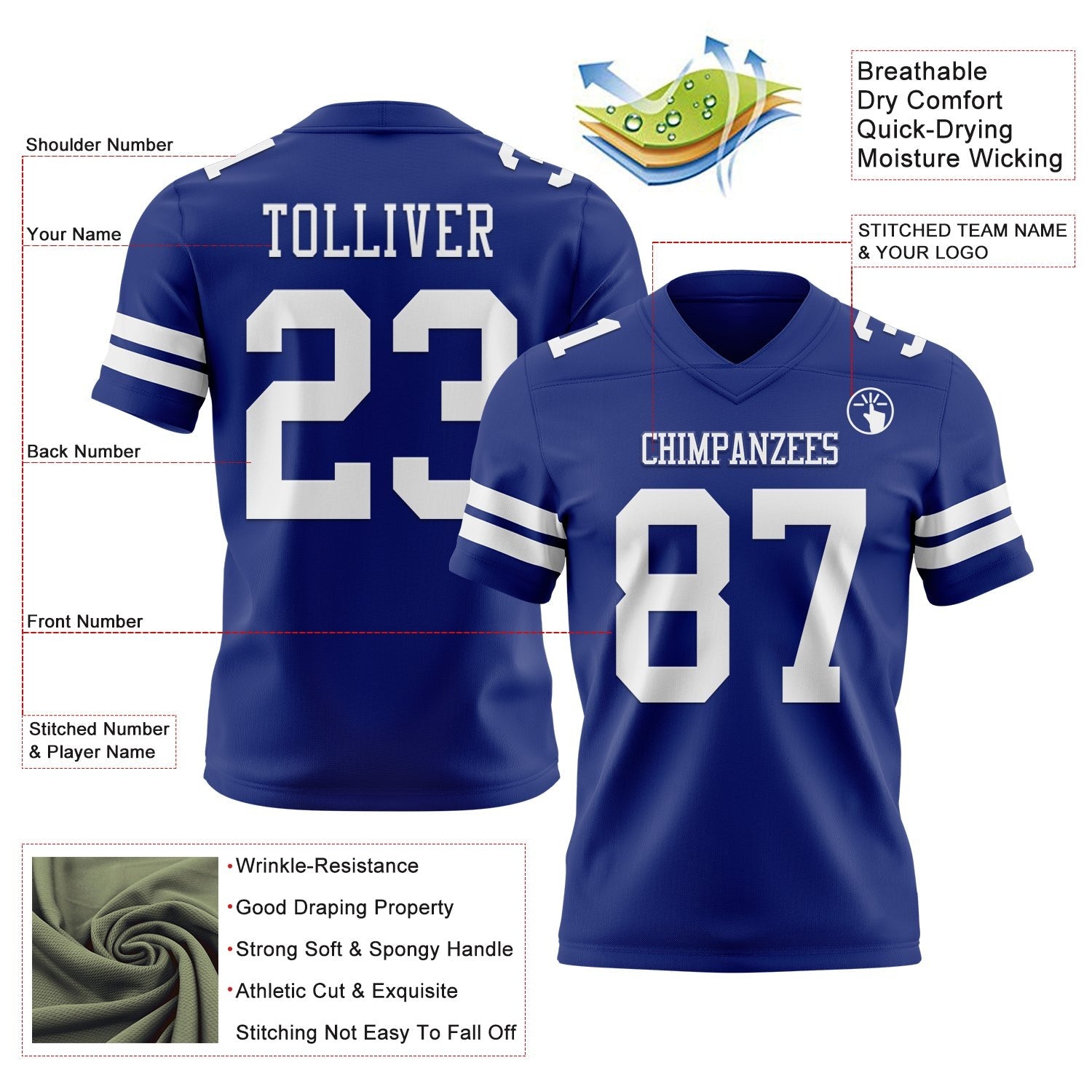 Custom Royal White Authentic Football Jersey photo 3