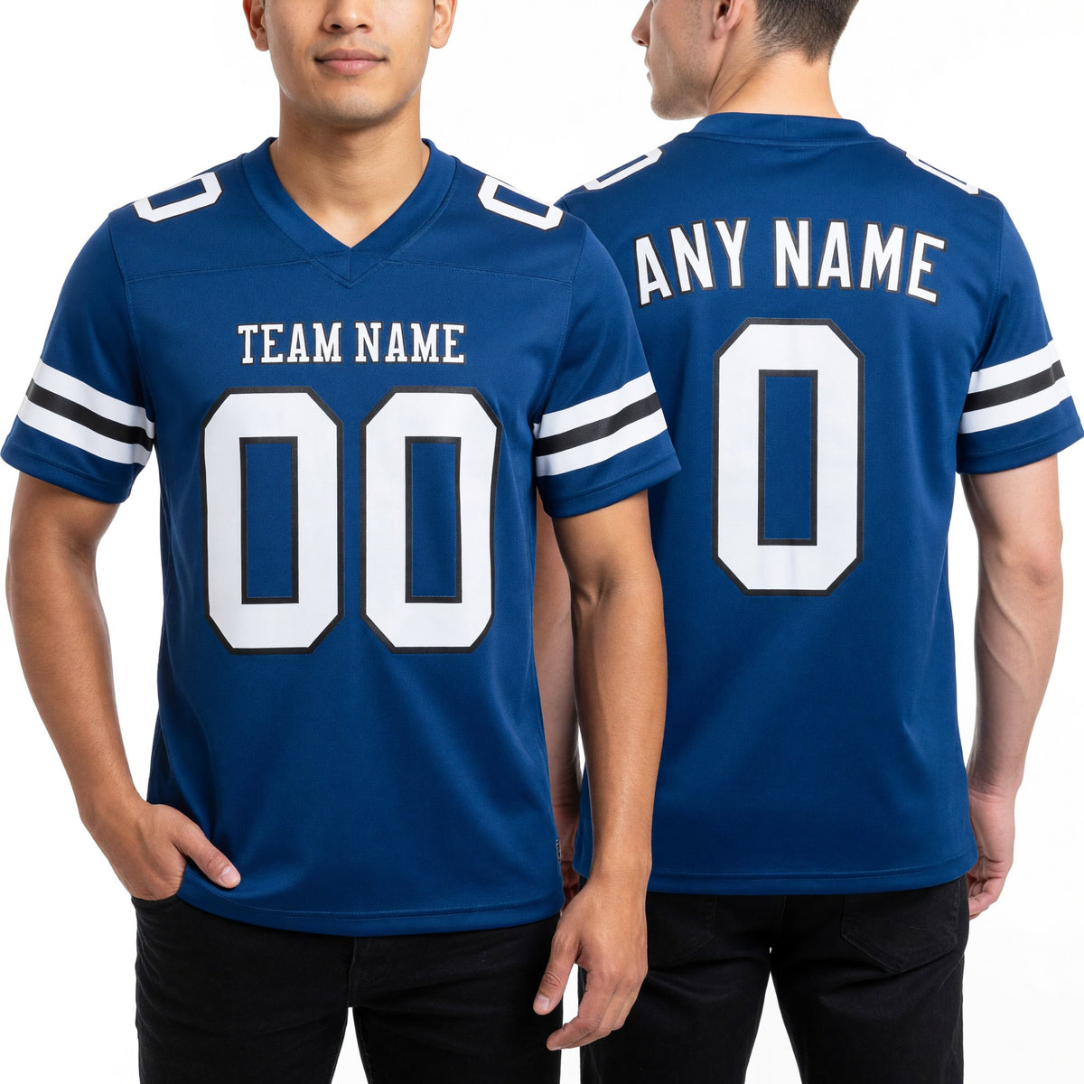Custom Royal White-Black Authentic Football Jersey worn front and back