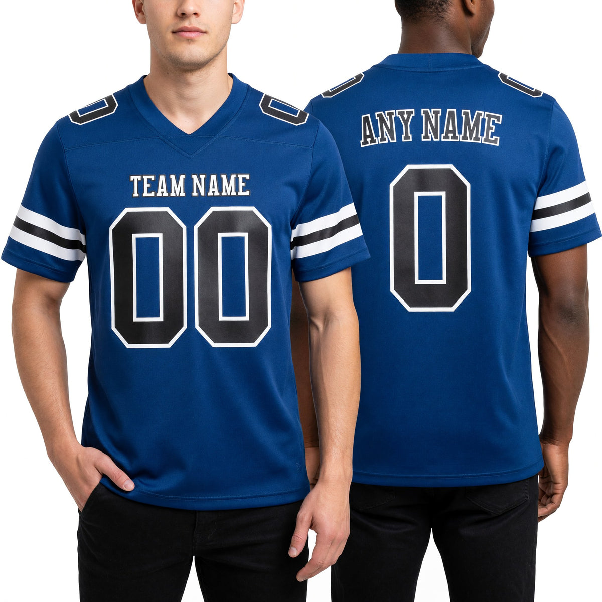 Custom Royal Black-White Authentic Football Jersey worn front and back
