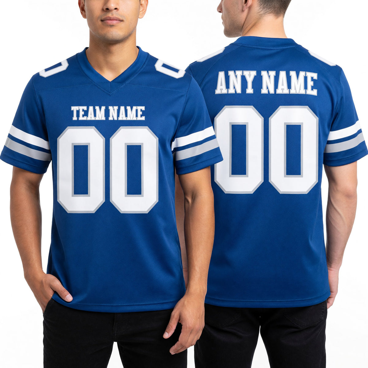 Custom Royal White-Gray Authentic Football Jersey worn front and back