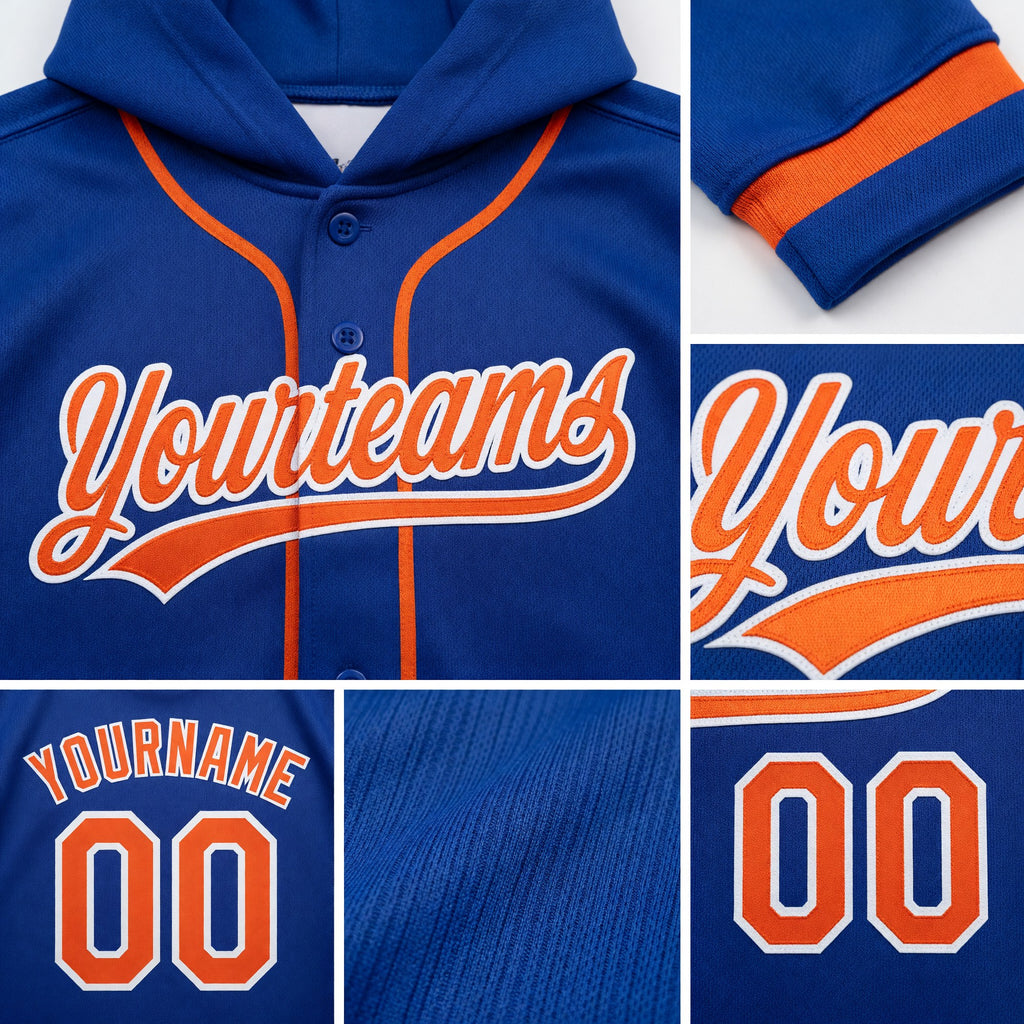 Custom Stitched Royal Orange-White Baseball Pullover Sweatshirt Hoodie detail