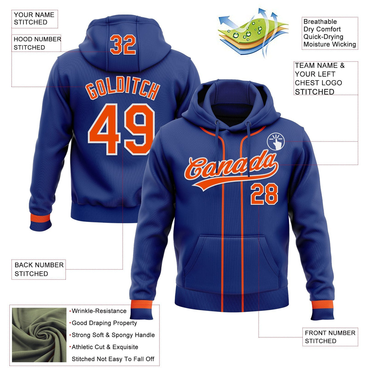 Custom Stitched Royal Orange-White Baseball Pullover Sweatshirt Hoodie photo 2