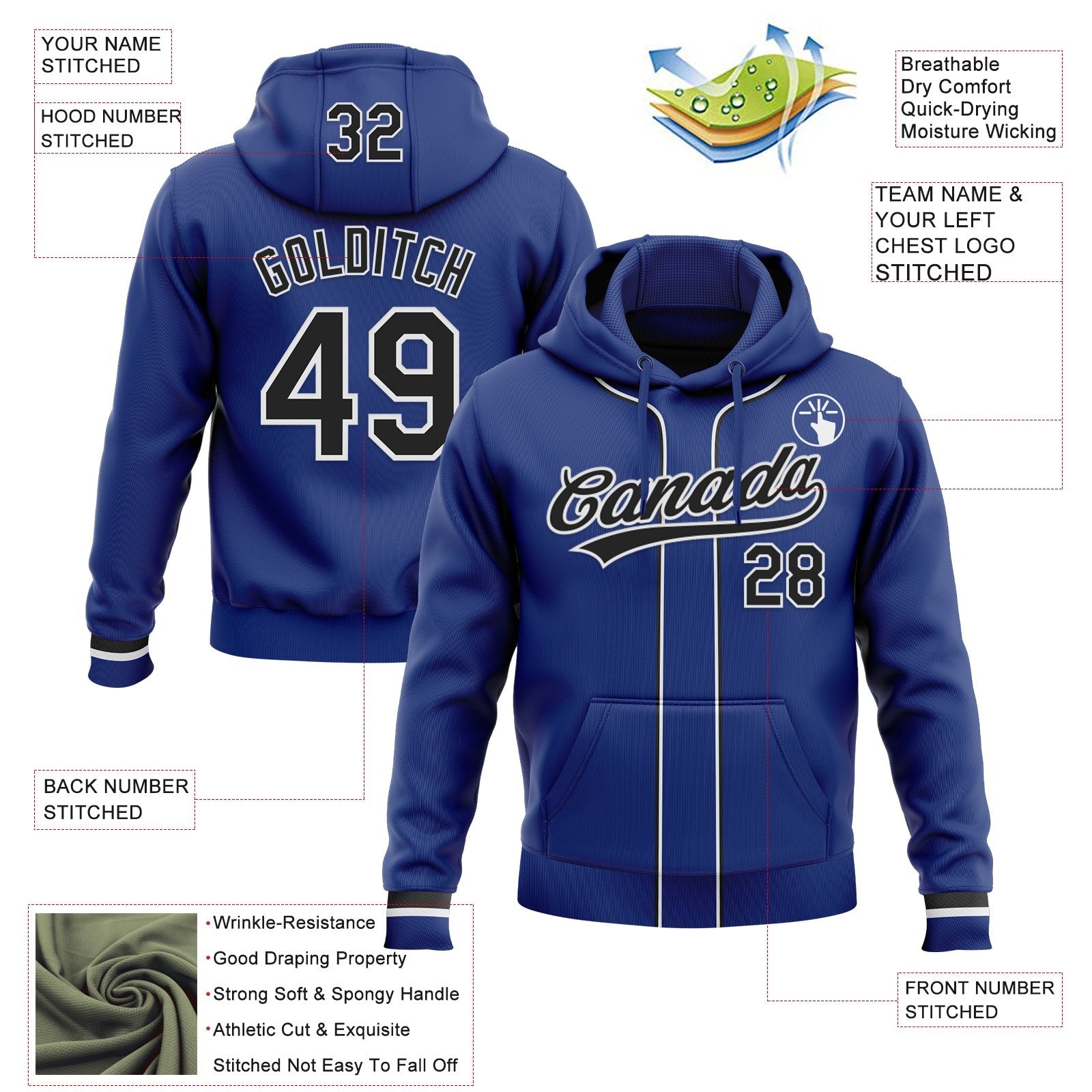 Custom Stitched Royal Black-White Baseball Pullover Sweatshirt Hoodie photo 2