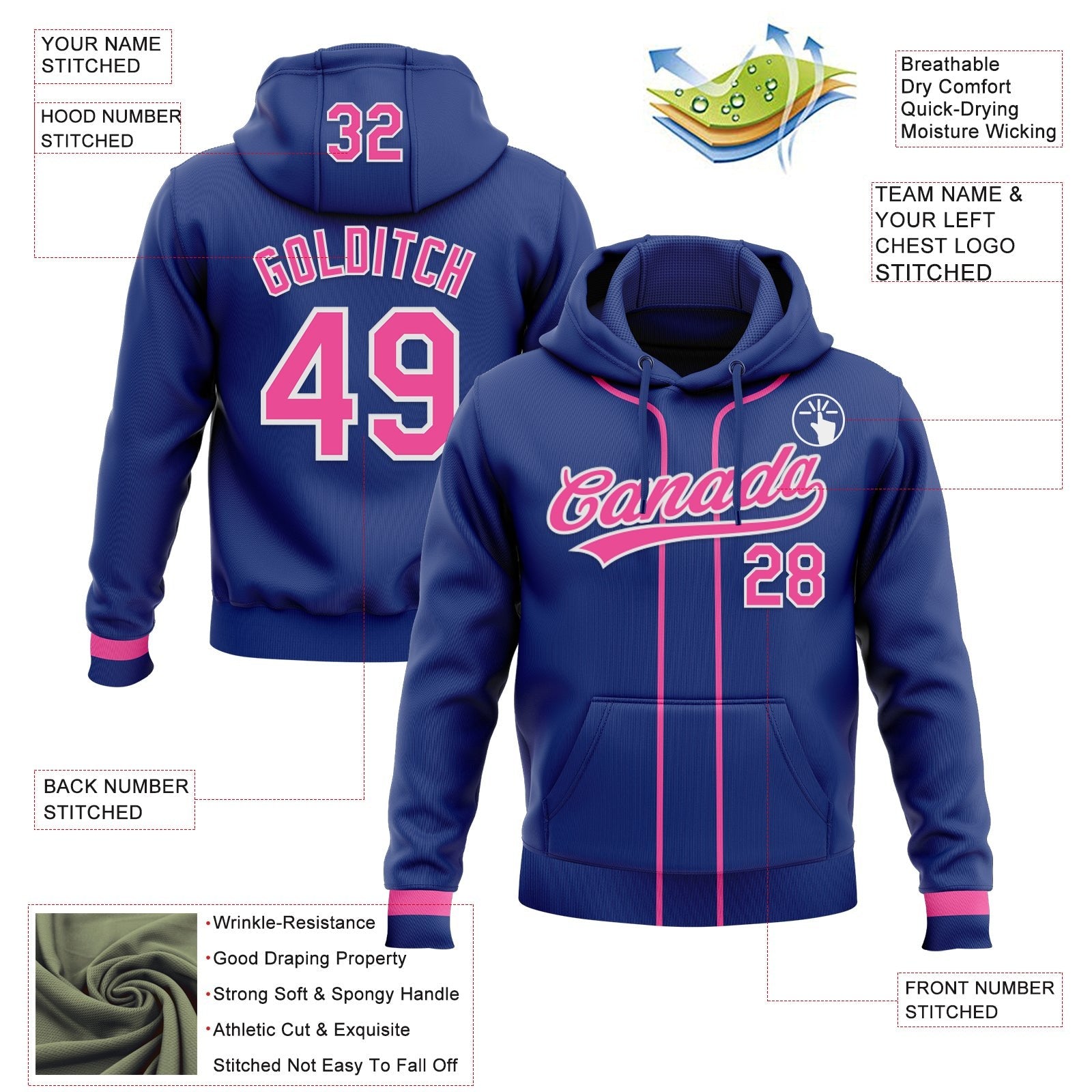 Custom Stitched Royal Pink-White Baseball Pullover Sweatshirt Hoodie photo 2
