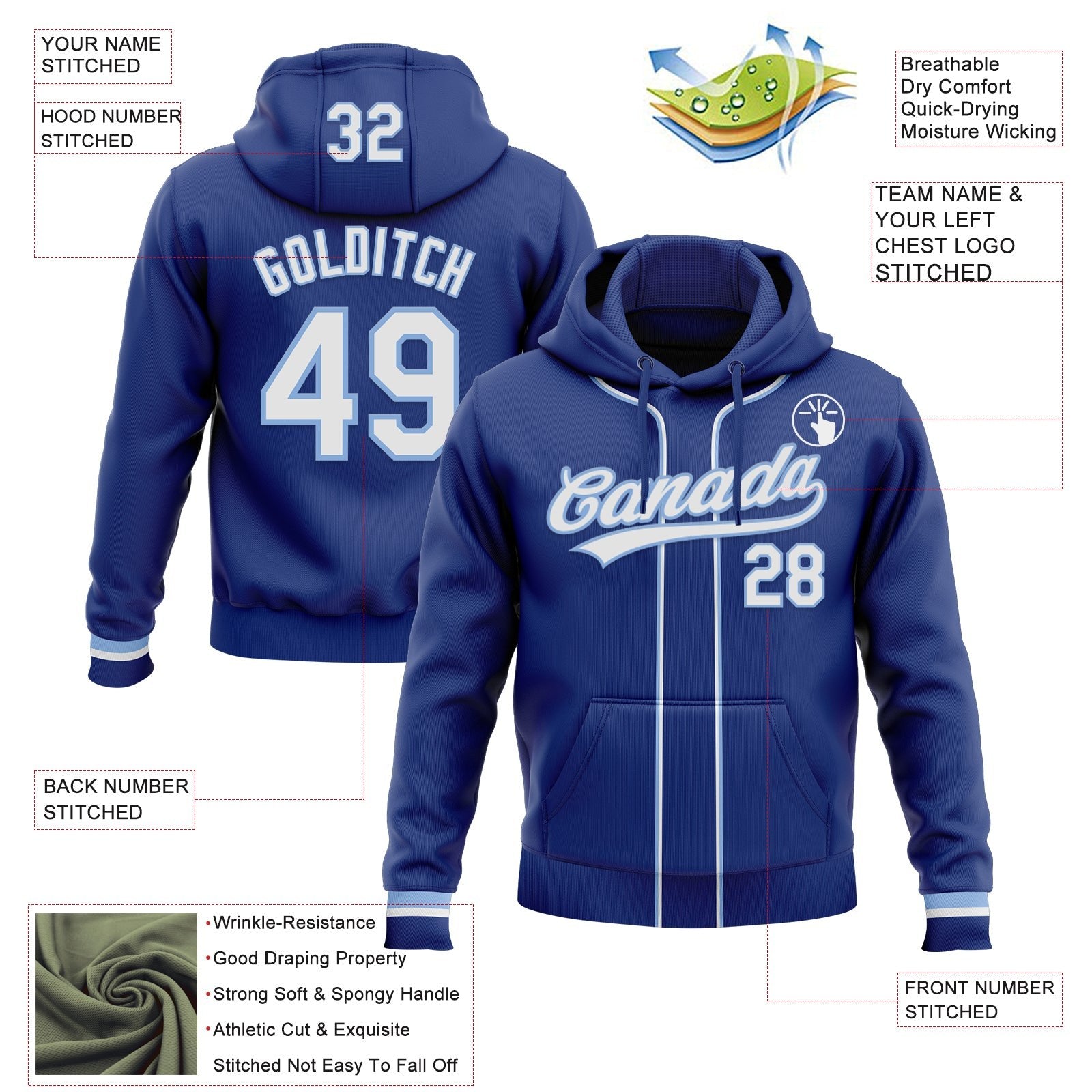 Custom Stitched Royal White-Light Blue Baseball Pullover Sweatshirt Hoodie photo 2