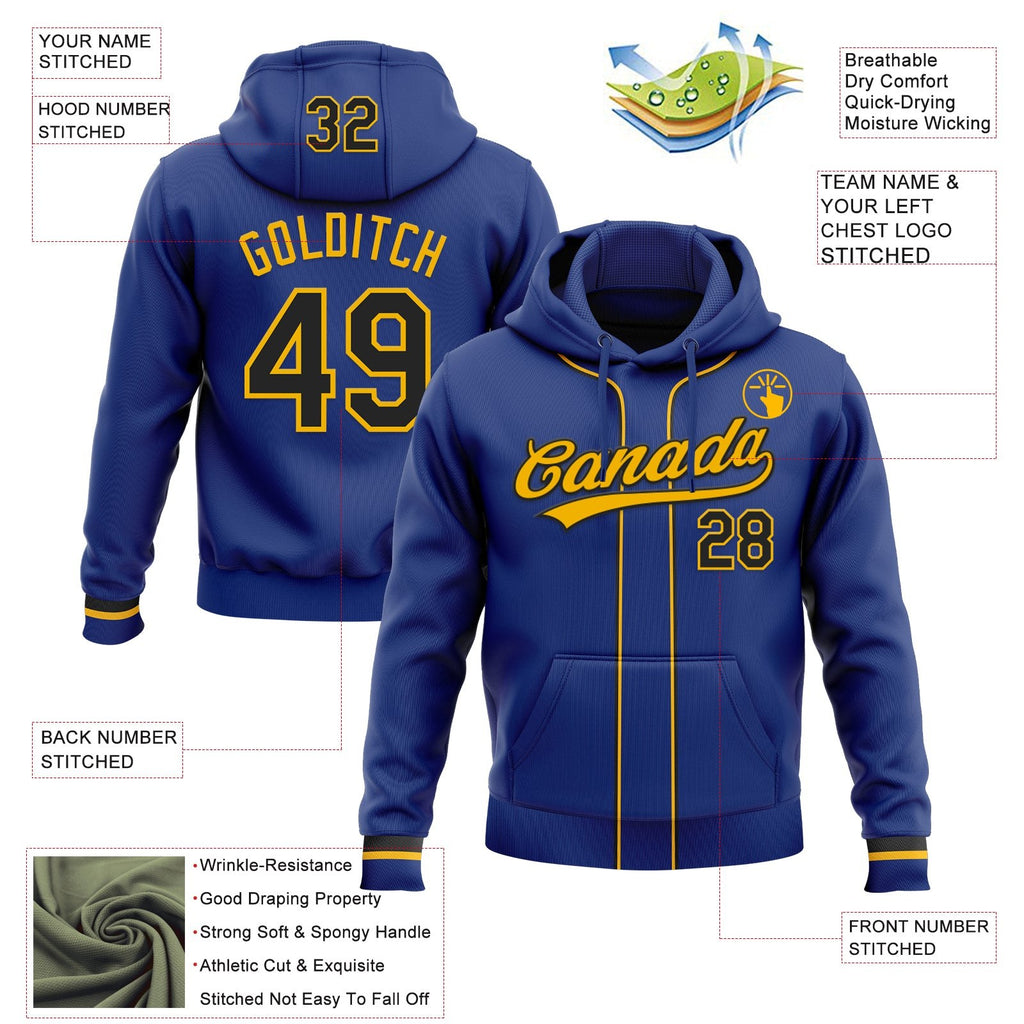 Custom Stitched Royal Black-Gold Baseball Pullover Sweatshirt Hoodie photo 2
