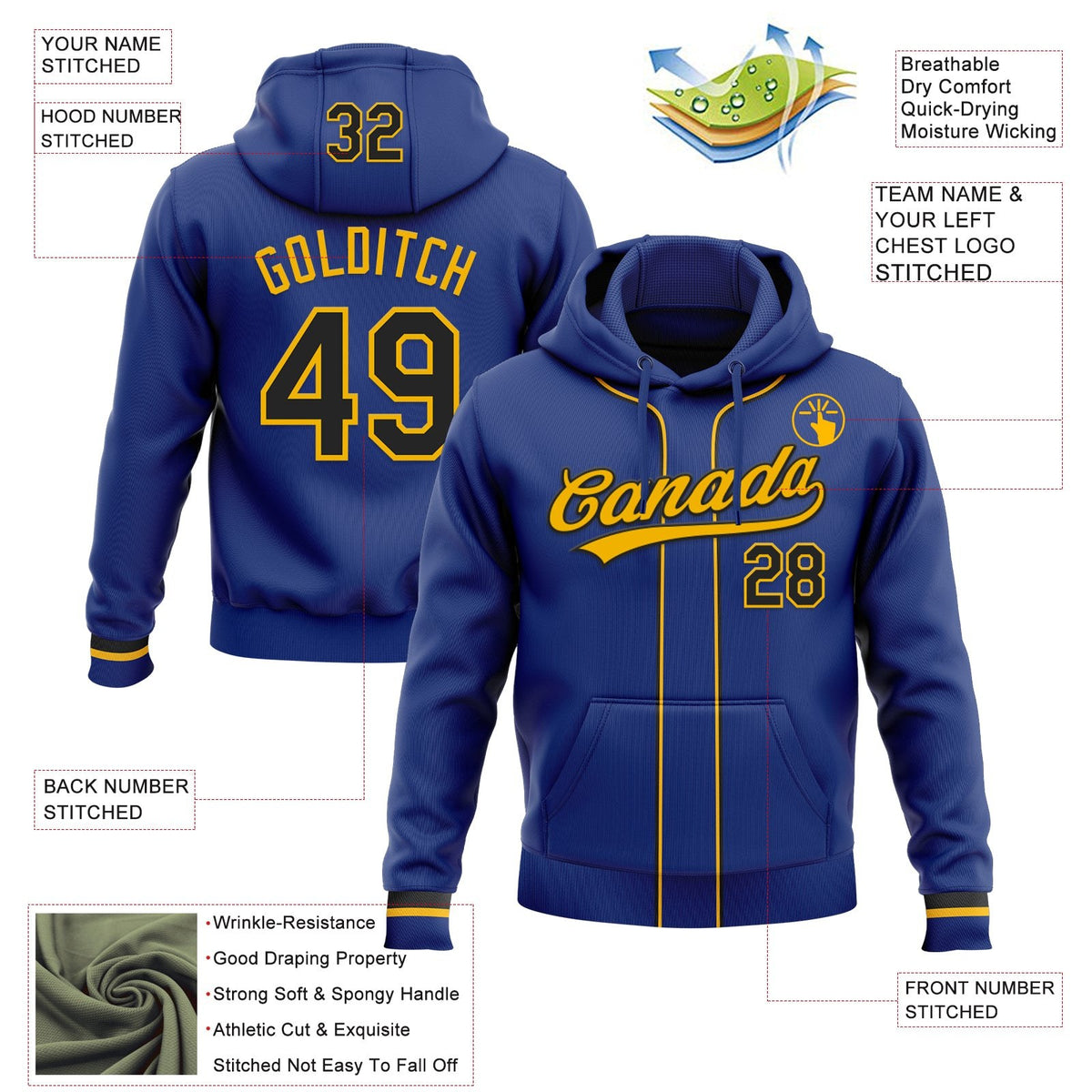 Custom Stitched Royal Black-Gold Baseball Pullover Sweatshirt Hoodie photo 2