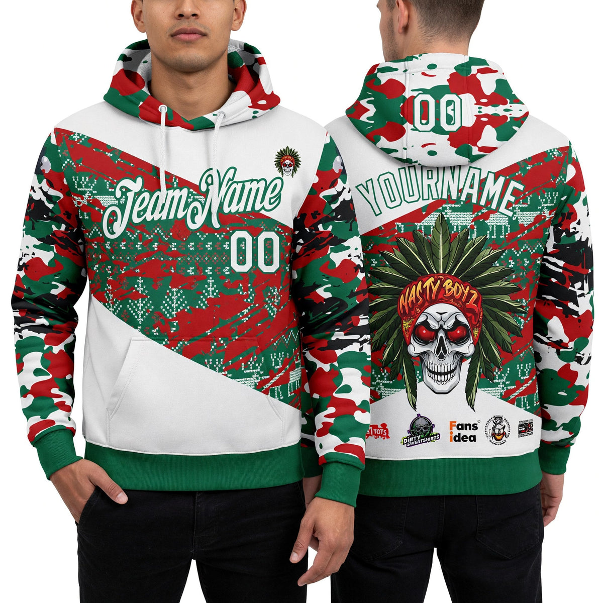 Custom White Red-Kelly Green Nasty Boyz Paintball Christmas Sports Pullover Sweatshirt Hoodie worn front and back