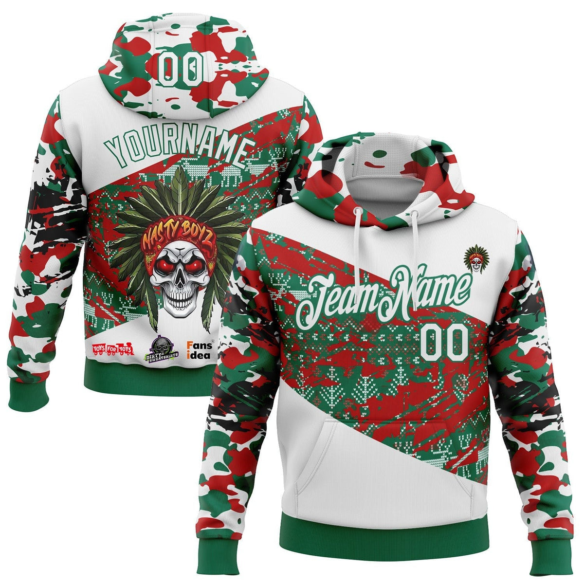 Custom White Red-Kelly Green Nasty Boyz Paintball Christmas Sports Pullover Sweatshirt Hoodie