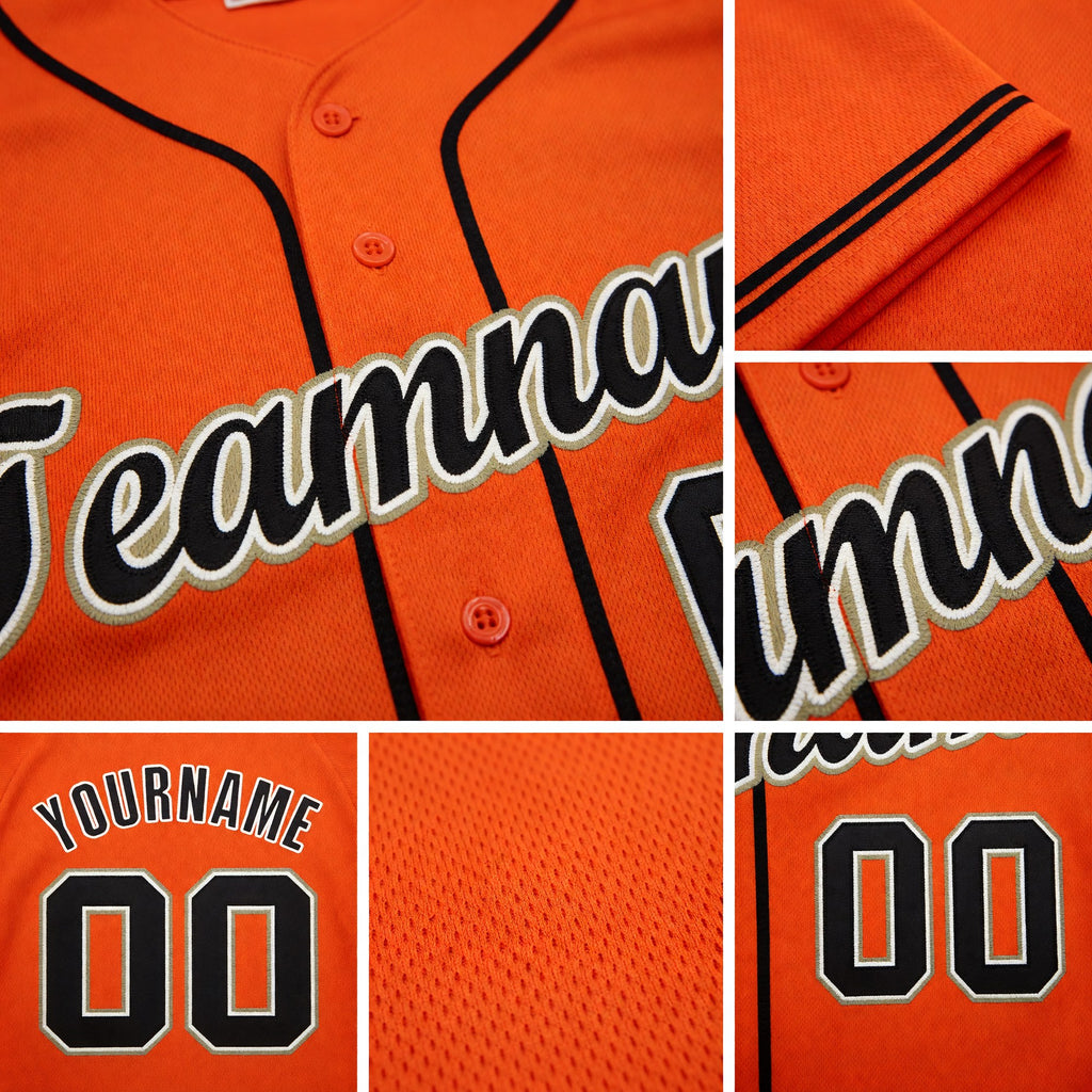 Custom Orange Black Cream-Old Gold Baseball Jersey detail