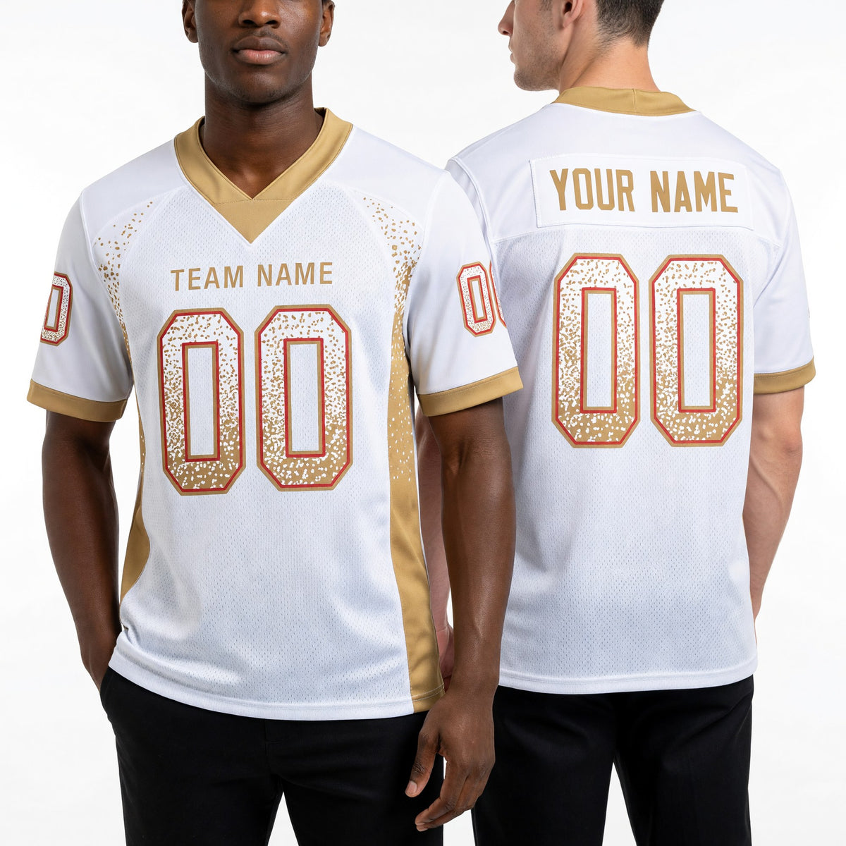 Custom White Old Gold-Red Drift Fashion Football Jersey worn front and back