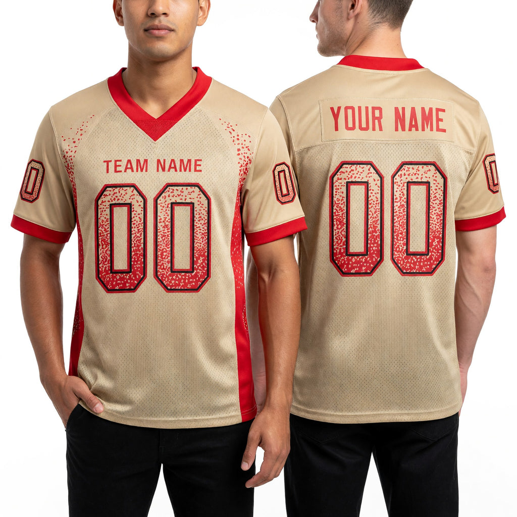 Custom Old Gold Red-Black Drift Fashion Football Jersey worn front and back