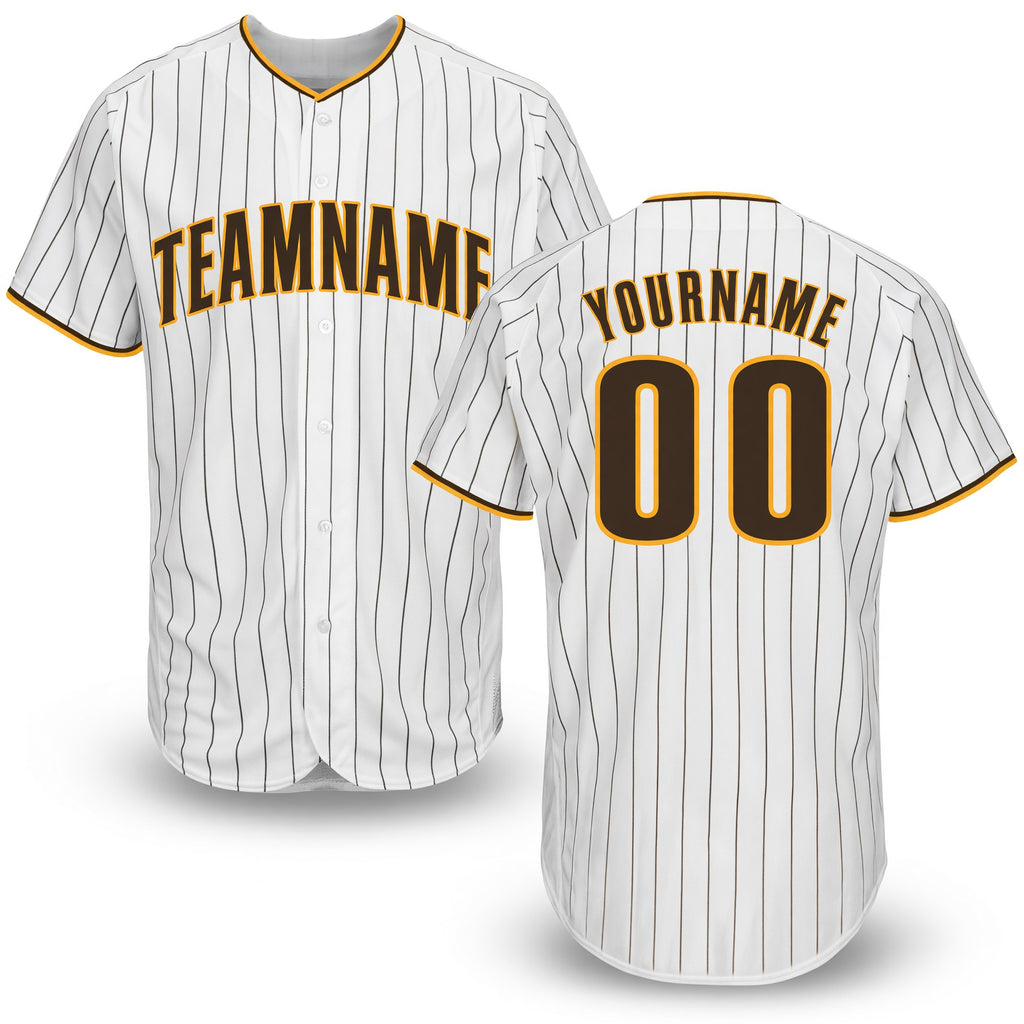 Custom White Brown Pinstripe Brown-Gold Baseball Jersey