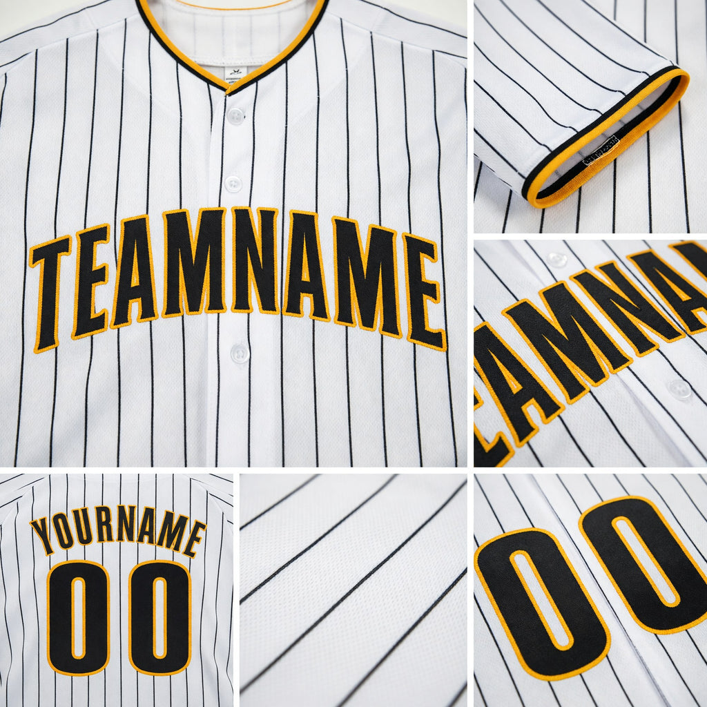 Custom White Brown Pinstripe Brown-Gold Baseball Jersey detail