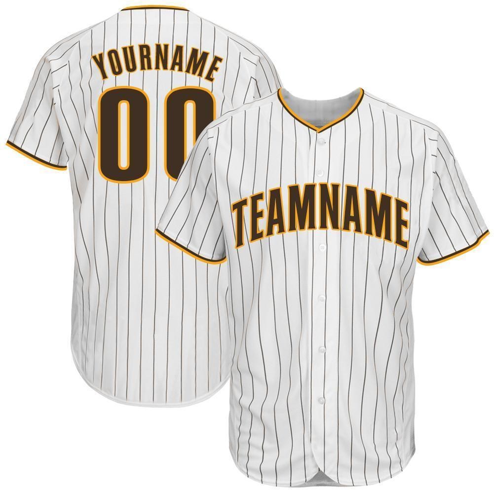 Custom White Brown Pinstripe Brown-Gold Baseball Jersey photo 1