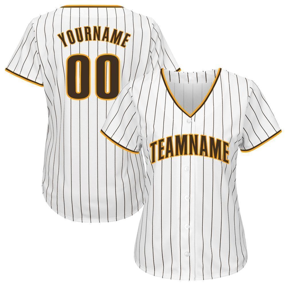 Custom White Brown Pinstripe Brown-Gold Baseball Jersey photo 2