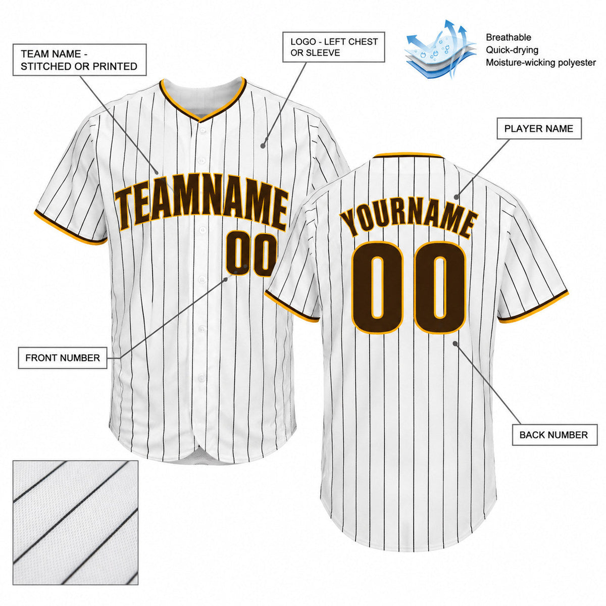 Custom White and Brown Pinstripe Baseball Jersey with Brown and Gold Lettering customization guide