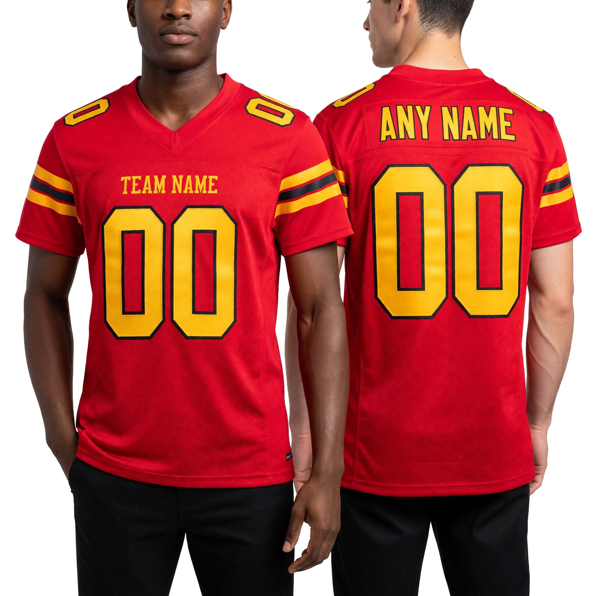 Custom Scarlet Gold-Black Mesh Authentic Football Jersey worn front and back