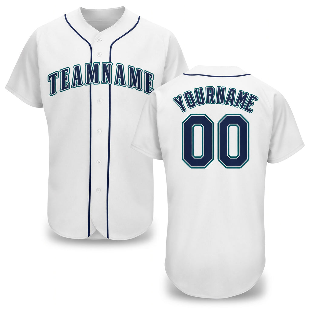 Custom White Navy-Teal Baseball Jersey