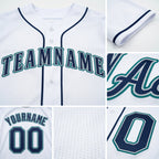 Custom White Navy-Teal Baseball Jersey detail
