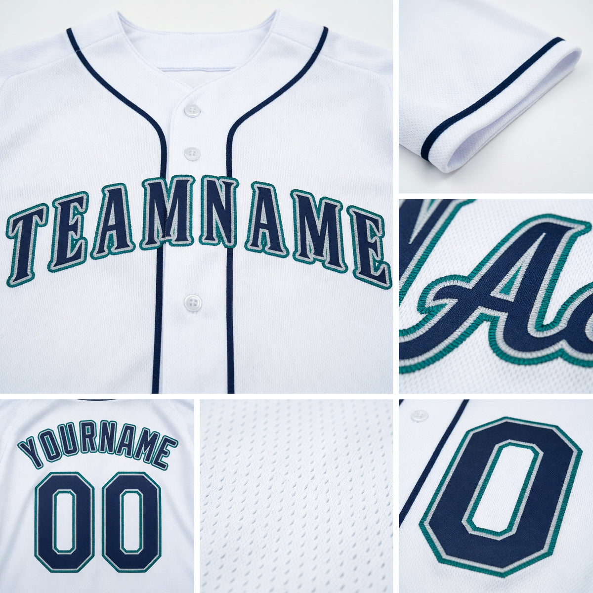 Custom White Navy-Teal Baseball Jersey detail
