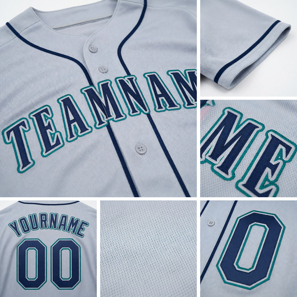 Custom Gray Navy-Teal Baseball Jersey detail