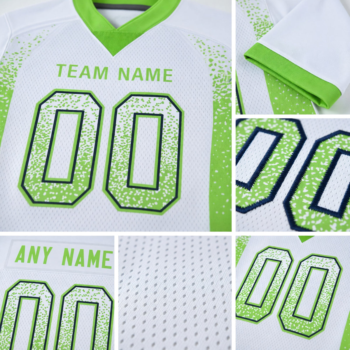 Custom White Neon Green-Navy Drift Fashion Football Jersey detail